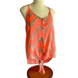 Womens Tank Top Large Coral Tan Chevron Tie Front Flowy Spaghetti Strap